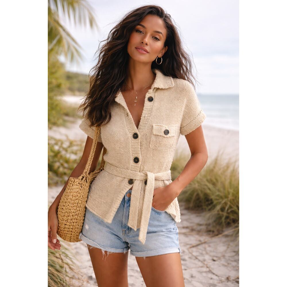 Free People Belted Chunky Knit Cardigan Short Sleeve Cream Cottagecore (M)